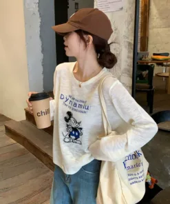 S011 White Mickey Mouse Loose Sun Protection Blouse Long-Sleeved T-Shirt Women's Summer New Popular Air-Conditioning Shirt Light Top