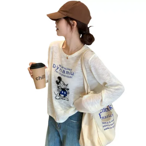 S011 White Mickey Mouse Loose Sun Protection Blouse Long-Sleeved T-Shirt Women's Summer New Popular Air-Conditioning Shirt Light Top - Image 5